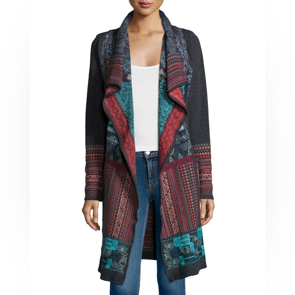 JOHNNY WAS Embroidered SHAKER Cardigan Sweater Small Long Coat BIYA